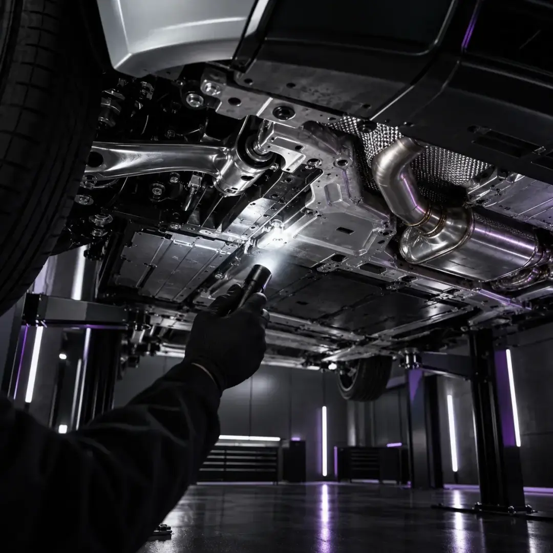 MOT ANNUAL ASSESSMENT - mechanic assessing the underside of a car